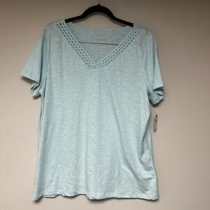 Talbots Plus Size 1X Aqua Blue V Neck Crochet Trim Short Sleeve Cotton Tee Shirt